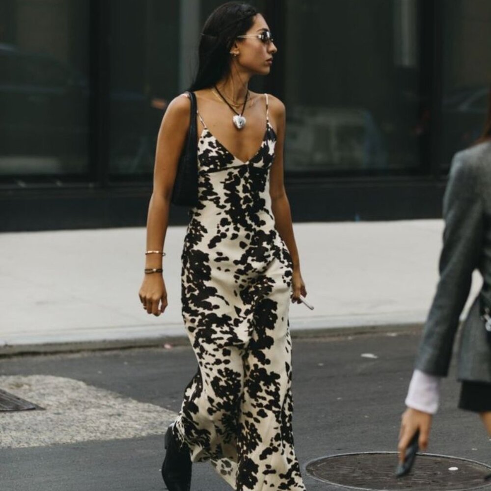 Zara Cow Print Satin Effect Slip Midi Dress Size Medium
